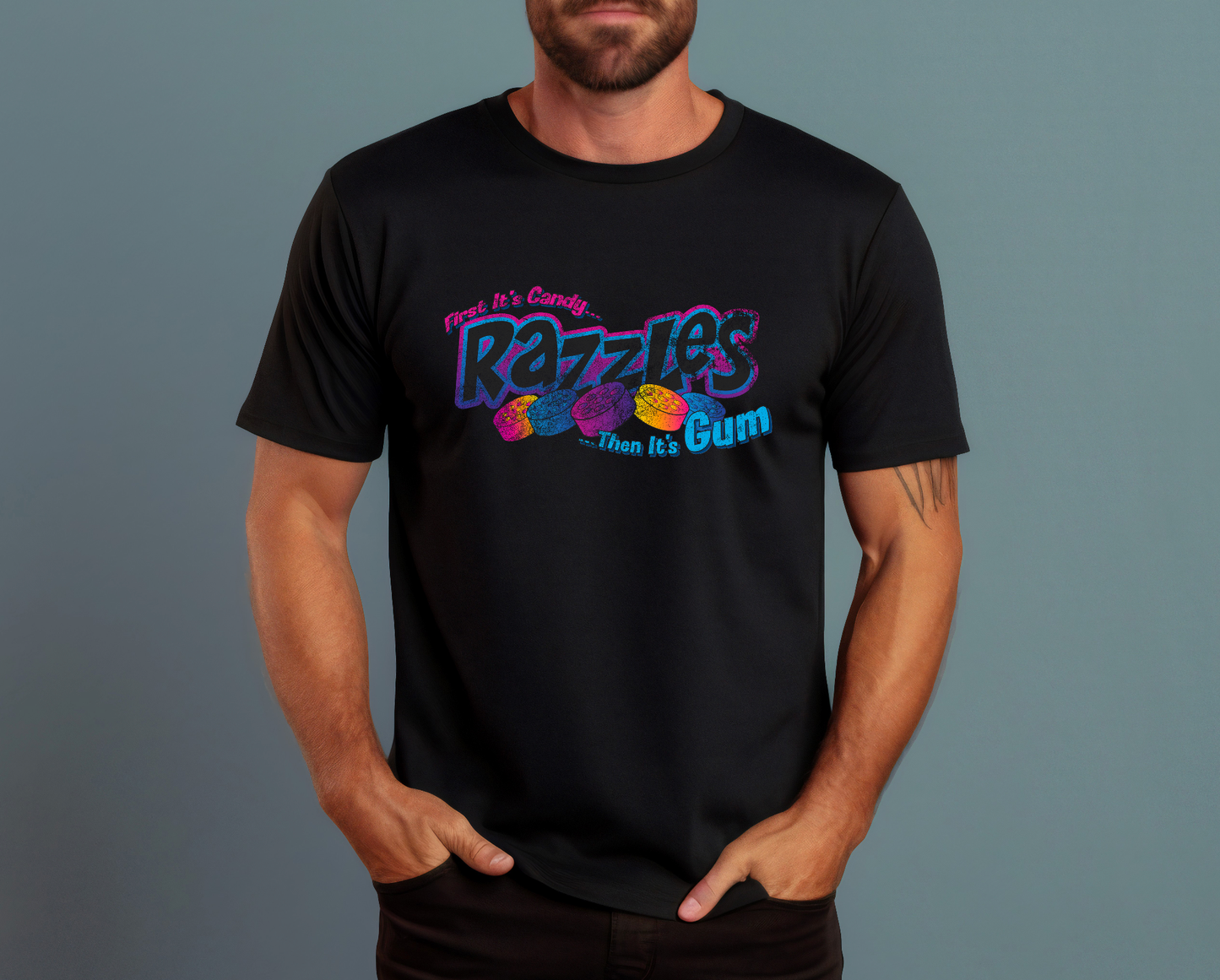 Razzles Retro Logo  First, It's Candy...Then, It's Gum! Tee: Black, XL